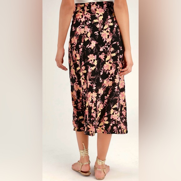 Free People Retro Love Black Floral Print Button Front Midi Skirt - Picture 5 of 11